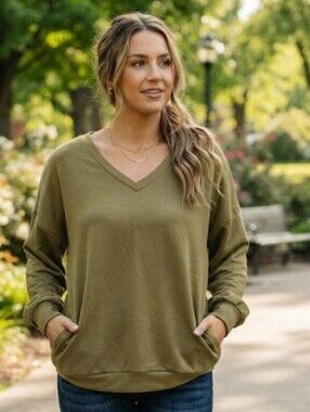 Zenana Outfitters Olive Green V-Neck Sweatshirt With Pockets